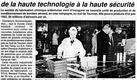 Newspaper clipping in French headed “de la haute technologie à la haute sécurité”, with a photograph of the new aerosol line.