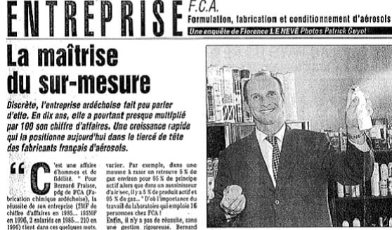Newspaper clipping in French headed “La maîtrise du sur-mesure”, a profile of FCA with a portrait of Bernard Fraisse.